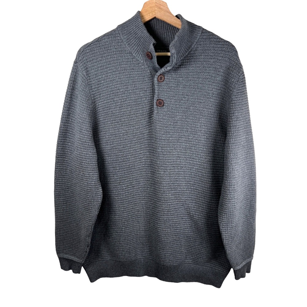 GH Bass Co Mens Gray Waffle Knit Mock Neck 1/4 Button Up Sweater XL 100% Cotton